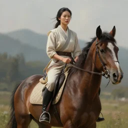 painting of asian lady on horseback, hyper - realistic, unreal engine, octane render, digital art, trending on artstation, 8 k, detailed, atmospheric, immaculate