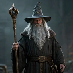 Gandalf, holding a staff, wizard hat, dramatic art, digital art, octane render, 4k, trending on artstation