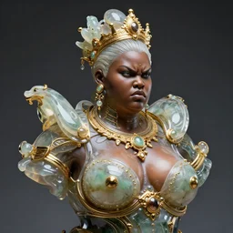 intricate slightly iridescent and tanslucent realistic bust of futuristic obese angry beautiful cyborg black girl empress, glass and gold and jade, caustics, soft light