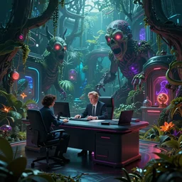office, horror sccene, by Greg Rutkowski and Gaston Bussiere, vibrant lush neon lighting, beautiful volumetric-lighting-style atmosphere, futuristic atmosphere, intricate, detailed, photorealistic imagery, artstation