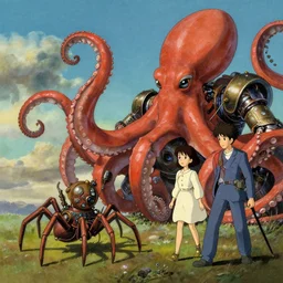 a steampunk spider and a gigantic robotic octopus by studio ghibli painting, by ohara koson and thomas kinkade