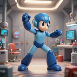 mega man escapes the lab, photo, action packed, detailed diorama, action figures, laser lighting, soft red lighting, charge blast, boss battle, reflective chrome surfaces, concentration
