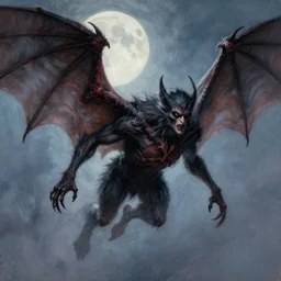 highly detailed painting of sinister male character from horror movie, his body is covered in bat fur, he has large wings, he flies on a moonlit night, intricate, dynamic pose, top lighting, realistic shaded, pastel shades, expressively loose brush strokes, perfect face, 8 k realistic, hyper detailed, digital painting, artstation, concept art, art by sam spratt and peter mo