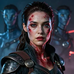 hyper - realistic photo portrait of a woman englishwoman warrior of the future, face in red paint, face in scars, the atmosphere from the movies : avatar, space odyssey, blade runner, alien cinematic,