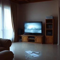 color photo of a flooded apartment interior, 1 9 7 0 s tv with storm clouds on the screen