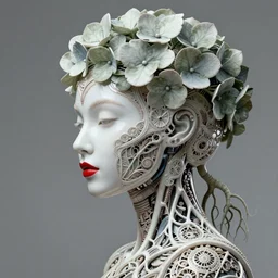 complex 3 d render, hyper detailed ultrasharp biomechanical mandelbrot fractal filigree female cyborg portrait with a beautiful porcelain profile face, crown with big hydrangea foliage leaves stems roots, red lips, h. r. giger alexander mcqueen haute couture, art nouveau fashion, octane render, 8 k