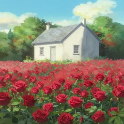 in the dreamlike sea of flowers, a lot of red roses, there is a simple and atmospheric white villa, diffuse light, by makoto shinkai