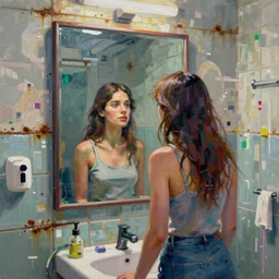 a beautiful painting by nick runge of a couple in front of a mirror in a glitched bathroom, metal rust and plaster materials, pixel sorting, color bleeding, brushstrokes by jeremy mann