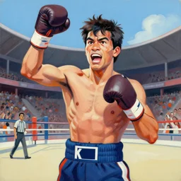 greg manchess portrait of a filipino boxer in a victorious pose in an arena, organic painting, sunny day, matte painting, bold shapes, hard edges, street art, trending on artstation, by huang guangjian, gil elvgren, ruan jia, randy vargas, greg rutkowski
