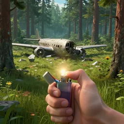a the forest game screenshot with a crashed plane, player is holding a lighter. ultra realistic