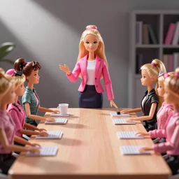barbie doll office worker presenting to more barbie dolls, board room meeting