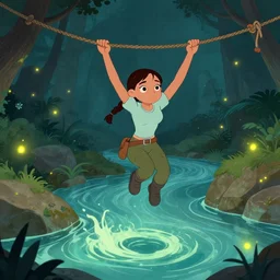 extremely derpy looking Lara Croft jumping from rope to rope hanging over a roaring ancient river, fireflies by Lilia Alvarado