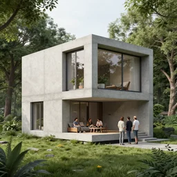 a modern 3 d printed cement cabin, concrete built textured contemporary home in a lush neighborhood, octane render, unreal engine render, matte painting concept art, fanart artstation, by jesper ejsing and artgerm and charlie bowater and rhads and lois van baarle and ilya kuvshinov and rossdraws