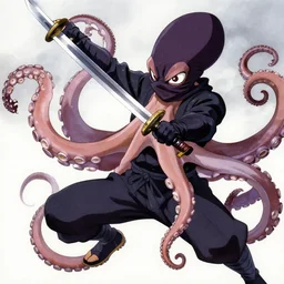 key anime visuals of an octopus ninja, fighting with a katana sword in his tentacle. the octopus is dressed as a ninja. highly detailed, intricate, directed by makoto shinkai, anime manga style, trending on art station.