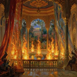 a beautiful, detailed oil painting of the ornate chambers of a djinn made of fire and glass, with screens and silks and a balcony overlooking a garden full of fire fountains, by frederic leighton