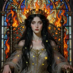 breathtaking detailed soft close up painting a beautiful black haired woman with pale skin and a crown on her head sitted on an intricate metal throne, gauze dress of fireflies and art nouveau crown of embers, viking culture, rembrandt style, detailed art nouveau stained glass of flames, christian saint rosace, elegant, highly detailed, artstation, concept art, matte, sharp focus, art by tom bagshaw, artgerm and greg rutkowski