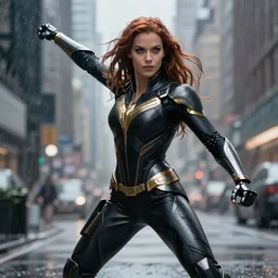 vfx marvel sci-fi woman black super hero robot photo real full body action pose closeup, city street cinematic lighting, rain and fog by Emmanuel Lubezki