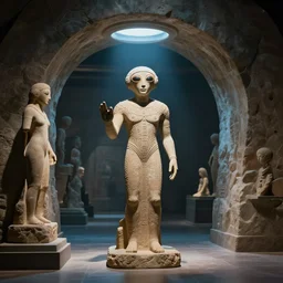futuristic ancient astronaut arrived through a portal, welcoming the humanity, ancient statue in museum