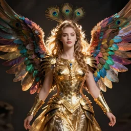 a beautiful portrait of grace elizabeth as an angel with wings and peacock feathers, multi color wings, detailed golden armor