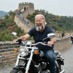“President Biden with beard and mullet, laughing and riding a motorcycle in the Great Wall of China”