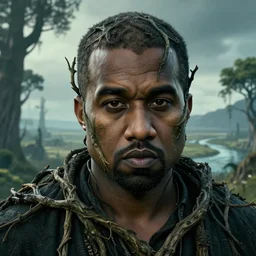 an ultra realistic, cinematic, headshot portrait, of an evil kanye west tree wizard, fantasy, elden ring, branches wrapped, facial features, background of a vast serene landscape, with trees and rivers, detailed, deep focus, movie still, dramatic lighting, ray tracing, by michal karcz and yoshitaka amano