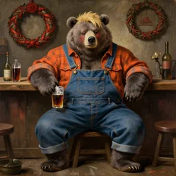 blushing, a bear sumo anthro, blonde hair, grey fur, wearing overalls and a orange flannel posing in a tavern drunk, looking handsome rustic red dead ornate wreath, legs, oil painting by titian, hard akihito tsukashi focus