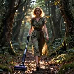 lady walking a vacuum in a scary wood