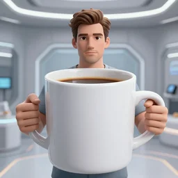 portrait of an overisize mug of coffee in a futuristic setting, a handsome italian man looking into the mug, 3 d photorealistic, parts by beksinski, parts by goro fujita, parts by yue minjun