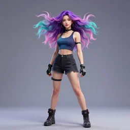 a award winning full body shot of a beautiful woman in a croptop with a ombre purple pink teal hairstyle with head in motion and hair flying, gloves, outrun, vaporware, vivid colors, highly detailed, fine detail, intricate