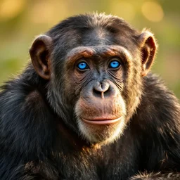 national geographic photography of an chimpanzee with very detailed fur and crystal clear blue eyes, golden hour lightening and beautiful bokeh in the background