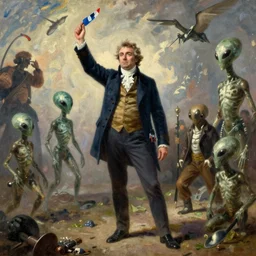 Francois hollande leads the French Revolution (1789) against invading aliens, oil on canvas, 1882. Epic, grandiose, scale