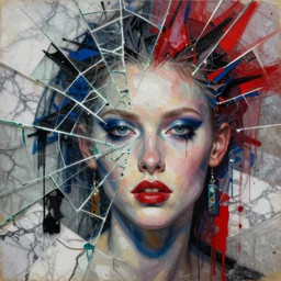 languid temptation. mixed media collage with shattered glass and marble texture in style of contemporary art, punk art, photorealistic face, expressionism, masterpiece, perfect composition, photorealistic beautiful face, spectacular quality, intricate oil details, red, white, blue, black
