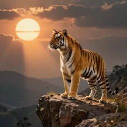 a yellow tiger standing on the cliff and gazing at the sun