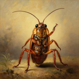 anthropomorphic cockroach proudly posing for a portrait, painted by rembrandt intricate ultra detailed painting atmospheric lighting golden hour