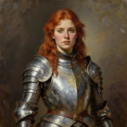 beautiful female warrior, half body portrait, ginger hair, ornate armour, realistic oil painting by Thomas Cole and Wayne Barlowe