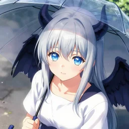 a japanese girl with silver hair and blue eyes and demon wings holding an umbrella at daytime, shot from above, sparkling eyes, illustration by Yoji Shinkawa