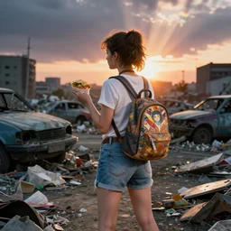 pinup in mini short with backpack looking at food at garbage dump, destroyed cars, city is pure wasteland, moody sunset background, rays of sunlights, ( ( ( rainbow ) ) ), high details, sharp, photorealism, cinematic, greg rutkowski, alphonse mucha, trending on artstation, artgerm, unreal engine, highly detailed