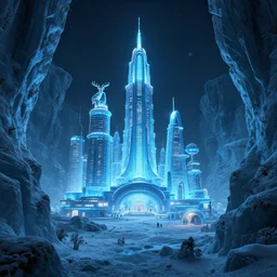 alien planet capital city featuring enormous glowing buildings, modern, blue ice antelope canyon winter night scene backdrop, megalophobia, 4 k wallpaper, unreal engine