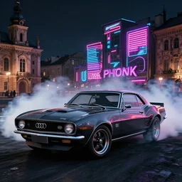 audi camaro b 1 ( 1 9 6 9 ) drifting, need for speed : carbon, neon lines, lviv historic centre, ultra phonk, phonk music background, smoke behind wheels, noise, dark, establishing shot