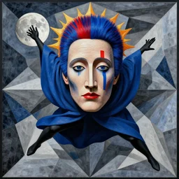 mc escher tessellation person falling with detailed skin texture abstract face makeup long blue cloak black gloves blue red light mullet sun moon symmetrical facial features portrait hyper realistic 4 k rule of thirds extreme detail by gottfried helnwein raqib shaw josef albers david lachapelle