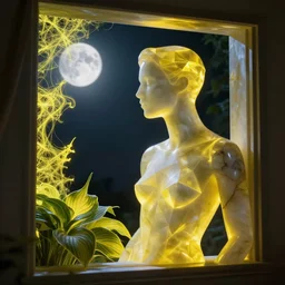 beautiful mannequin sculpted out of onyx, lit with 3 d geometric neon, subsurface illumination, looking out a window opening with neon yellow fractal light, hosta flowers, moon in background, dramatic, rule of thirds, award winning, 4 k, trending on artstation, photorealistic, volumetric lighting