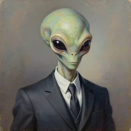 Oil painting portrait of an alien in a suit, Detailed, Illustration