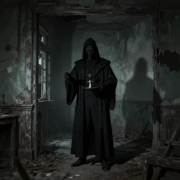 the magician with a black robe inside a abandoned house, shadows, lurker, artstation