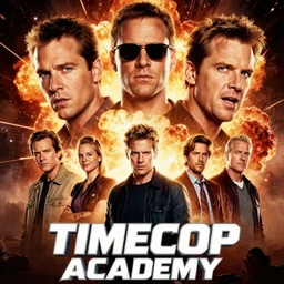 movie poster for timecop academy, starring jcvd and rutger hauer and lance henriksen and jeff fahey, airbrushed artwork, big heads, explosions, supporting characters, dramatic expressions