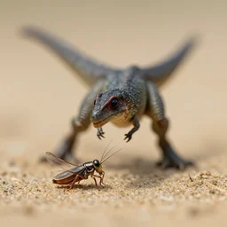 macro photo by national geographic of a tiny dinosaur catching a cricket on the sand, fast shutter speed, motion blur, tiny gaussian blur, insanely detailed, insanely intricate, depth of field, low contrast, wide aperture, action photography