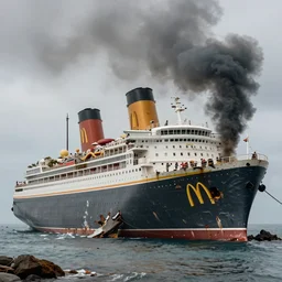 a derelict immense McDonald's brand vacation cruise liner oceanliner ship with large yellow golden arches logo and tall smoke stacks crashed and broken on a deserted island, fast food restaurant color scheme, overcast sky with thick black smoke billowing, dystopian, photorealistic, sharp focus, hyper detailed, octane render