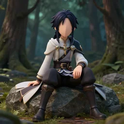 faceless kaonashi sits on a rock, shady forest, cartoony but elaborate and detailed style, high quality, 3 d render, high detail, fantasy costume, foreground focus