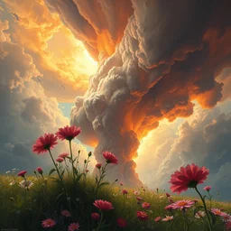 a sending down [ of the revelation ] from him who created the earth and the lofty heavens, tornado of flowers, overdetailed art, by greg rutkowski, by rhads, sharp focus