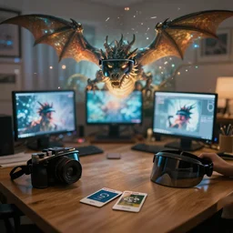 dragon popping out of screens, volumetric lighting, bedroom, visor, users, pair of keycards on table, bokeh, creterion collection, shot on 7 0 mm, instax