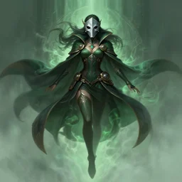 a highly detailed illustration of plague doctor mask wearing woman, eerily floating with cape in the wind pose, surrounded by green mist, intricate, elegant, highly detailed, centered, digital painting, artstation, concept art, smooth, sharp focus, league of legends concept art, WLOP